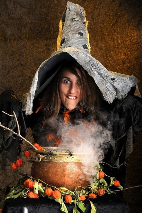 Witch Cooking In A Copper Cauldron Stock Photo Image Of Expression