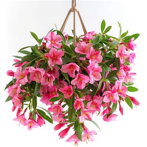 Beautiful Hanging Floral Arrangement With Pink Flowers And Green Leaves On White Background