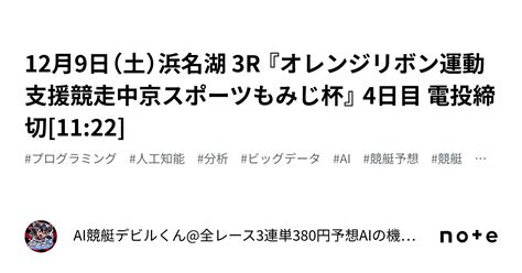 12月9日（土）浜名湖 3r 『オレンジリボン運動支援競走中京スポーツもみじ杯』 4日目 電投締切[11 22]｜ai競艇デビルくん 全レース3連単380円予想 Aiの機械学習で驚異の的中率