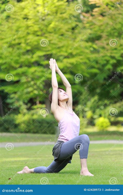 Japanese Woman Doing YOGA Crescent Moon Pose Stock Image Image Of