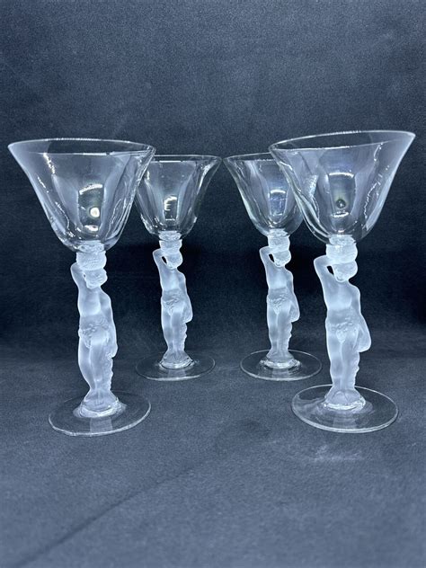 Set Of 4 Vintage Bayel Crystal France Bacchus Wine Glass Nude Lady