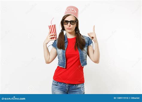 Young Funny Woman In 3d Glasses With Bucket For Popcorn On Head