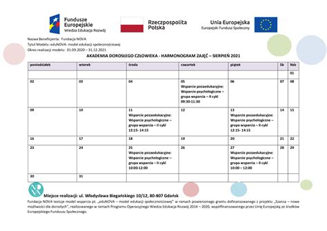 Fundacja NOVA Harmonogram zajęć w Akademii Dorosłego Człowieka na