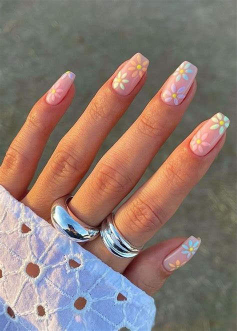 Flower Spring Pastel Nails In Short Acrylic Nails Cute Gel