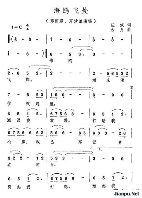 《海鸥飞处》简谱邓丽君万沙浪原唱 歌谱 小叶子制谱 钢琴谱吉他谱 简谱之家