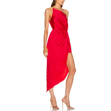 Sexy Red Silk Satin One Shoulder Sleeveless Ruched Asymmetrical Cocktail Dress Women Buy New