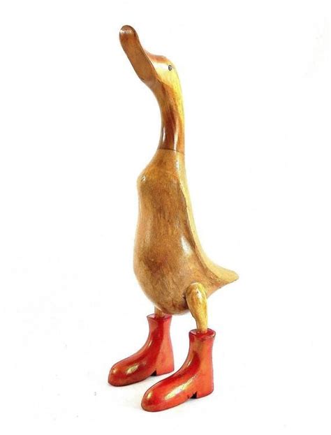 Large Hand Carved Solid Wood Duck Wearing Red Rain Boots Wood Duck