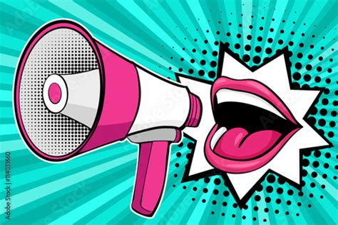 Sexy Open Female Mouth And Megaphone Screaming Vector Background In