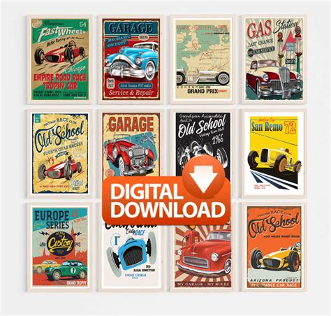 Retro Classic Car Poster Prints Set of 12 INSTANT DOWNLOAD - Etsy