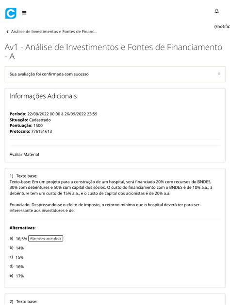 Av1 Análise de Investimentos e Fontes de Financiamento Análise de