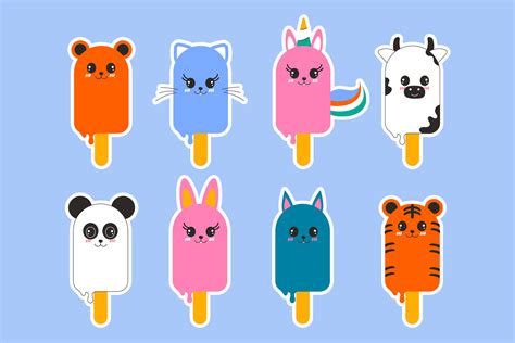 Set of hand drawn stickers ice cream kawaii in the form of animals on a ...