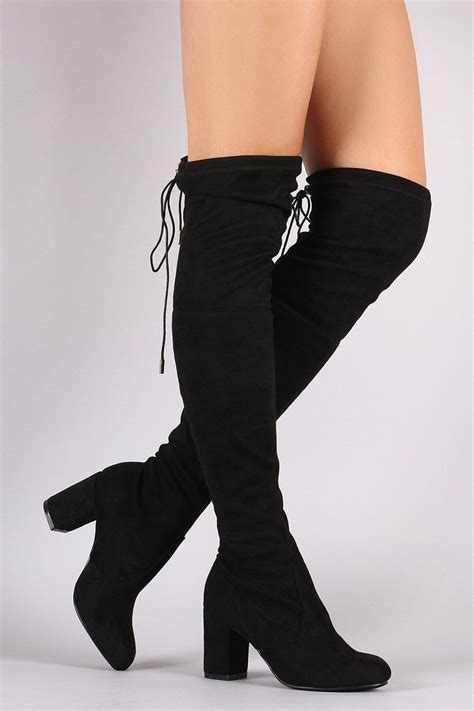 Suede Drawstring Tie Chunky Heeled Over The Knee Boots Reduced Price