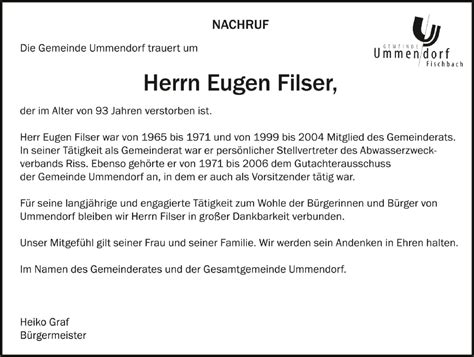 Traueranzeigen Von Eugen Filser Schwaebische De Trauerportal