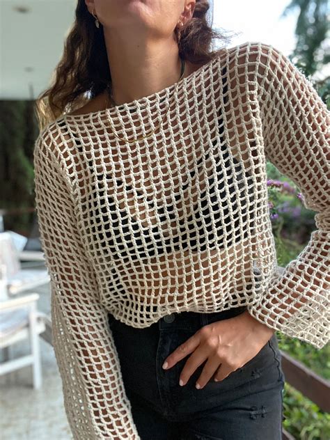 Mesh Crop Sweater Crochet Crop Sweater Mesh Crop Top Handmade Summer Sweater Etsy