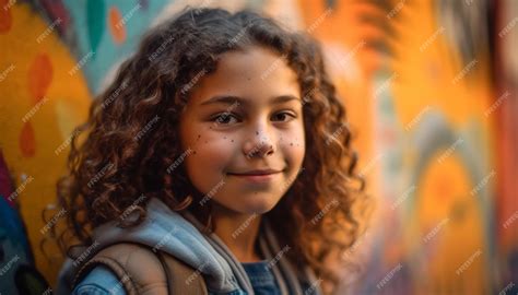 Jolie Fille Aux Cheveux Bouclés Souriant à Lextérieur En Regardant La