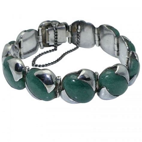 Antonio Pineda Taxco Mexican Jade Cabochons Silver Bracelet Item