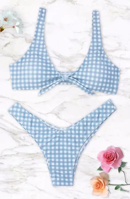 Sexy Women Plaid Bow Tie Bikini Set Low Waist Swimsuit Swimwear Push Up