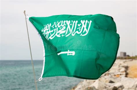 Kingdom Saudi Arabia Flag Waving in Wind at Sea ??shore. Stock Photo ...