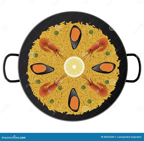 Typische Spaanse Paella Met Garnalen En Mosselen Stock Illustratie