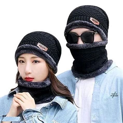 plain woolen neck set winter cap unisex size   piece