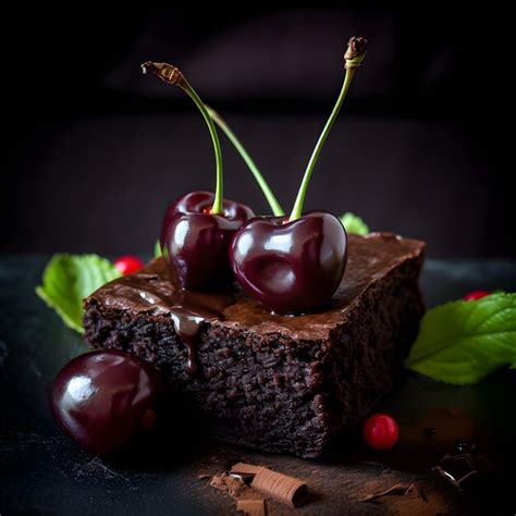 Un Trozo De Pastel De Chocolate Con Cerezas Encima Foto Premium