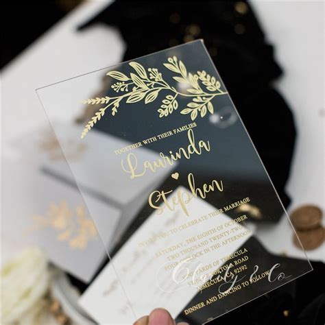 Luxury Modern Gold Leaf Clear Acrylic Wedding Invites With Gold Foil