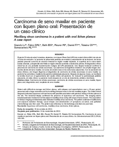 Pdf Carcinoma De Seno Maxilar En Paciente Con Liquen Plano Oral Presentación De Un Caso