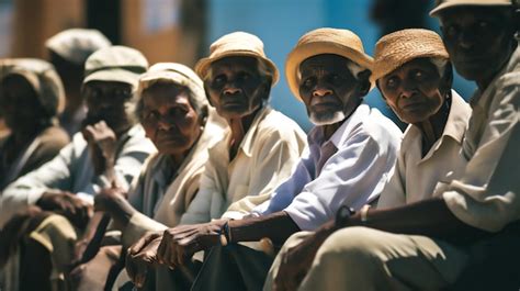 Um Grupo Diversificado De Idosos Sentados Sob O Sol Escaldante Seus