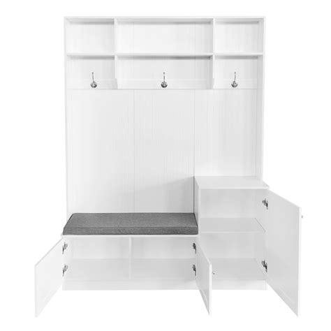 3 In 1 White Hall Tree Coat Rack Storage Bench 3 Hooks 2 Cabinets