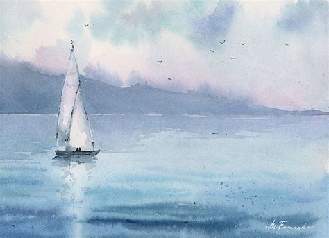 Seascape Sailing Boat Watercolor Painting Watercolor Boat