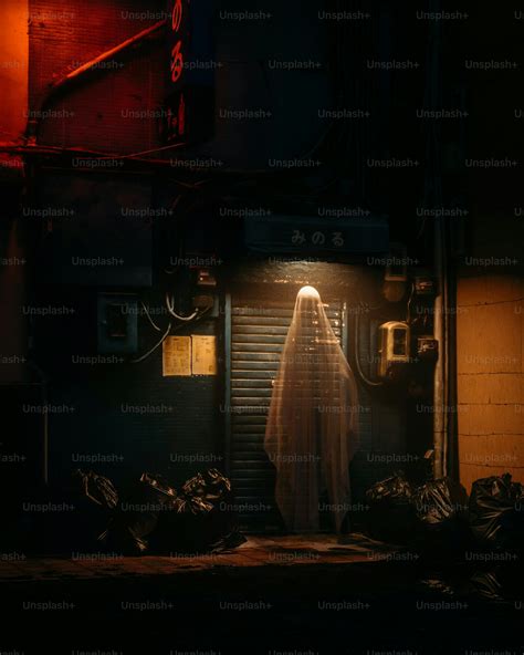 A ghostly ghost standing in a doorway at night photo – 3d render Image
