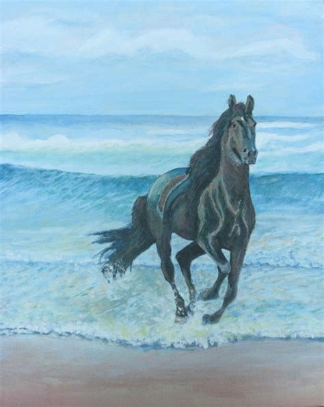 Galloping Horse on Beach Painting showing a black horse in the surf