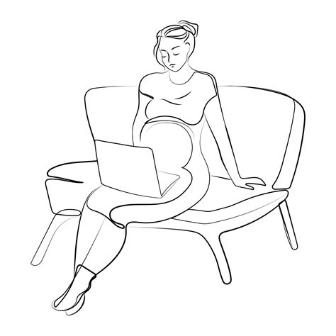 Pregnant Woman With Laptop Sitting On Sofa Line Drawing Isolated Vector