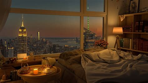 K Cozy Bedroom With A Night View Of New York City With Jazz Music For