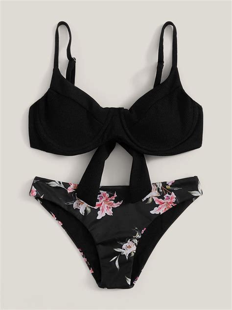 Black Knit Knot Front Cami Top Swimsuit With Floral Bikini Bottom