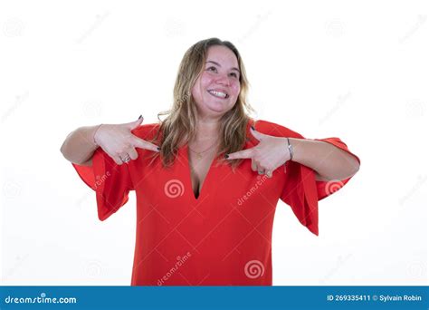 Overweight Woman Curvy Portrait Blonde Self Proud Positive And Casual Pointing To Red Chest With