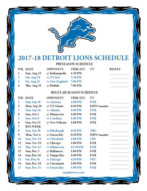 Printable 2017-2018 Detroit Lions Schedule