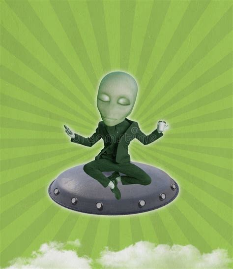 Extraterrestre Verde Con Cuerpo Humano Sentado En Posición De Loto Y Medita En Rayos De Ufo