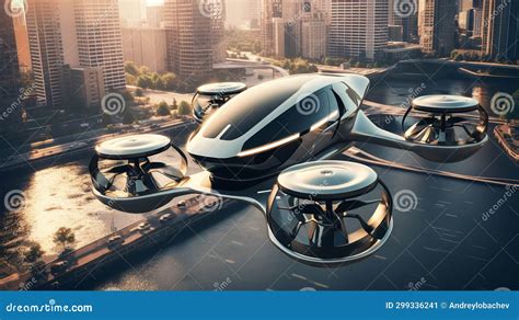 Flying Car Hybrid Drone Against the Backdrop of a Modern City in the Future. Stock Image - Image ...