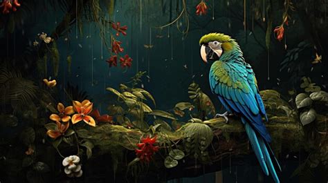 Vibrant Parrot Perched In A Lush Tropical Forest Setting Premium Ai