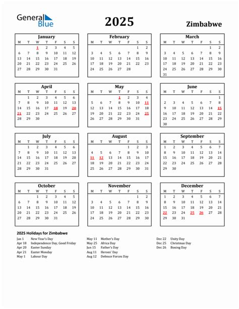 2025 Zimbabwe Calendar with Holidays