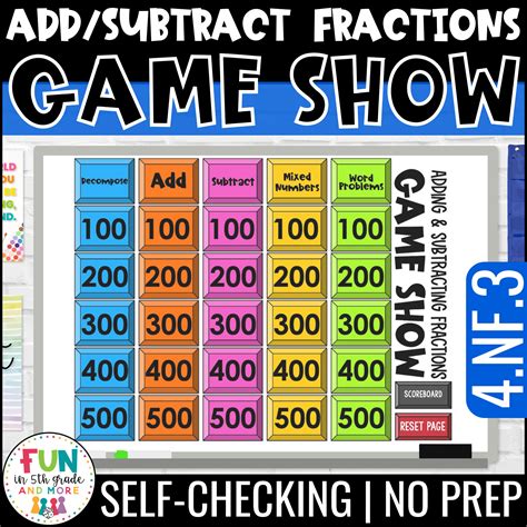 Add And Subtract Fractions Game Show Th Grade Math Review Game Nf