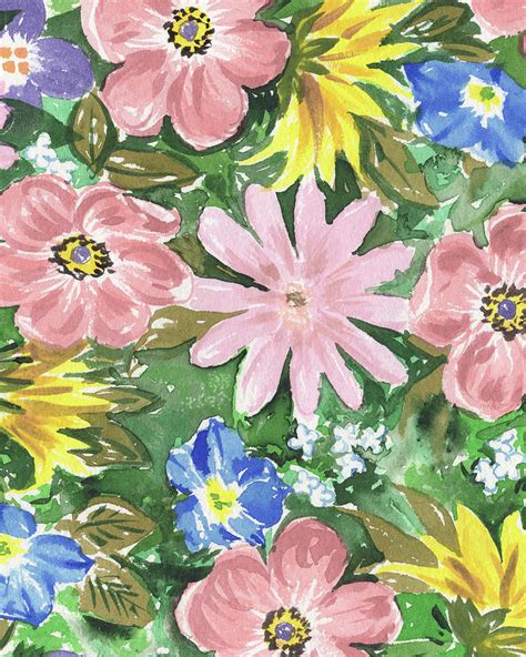 Happy Fresh Pink And Yellow Abstract Watercolor Flower Garden Floral