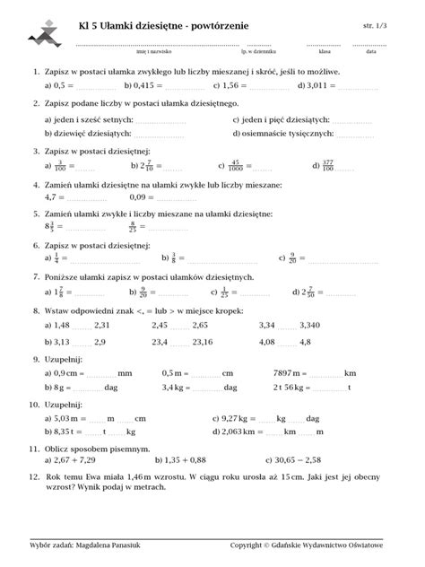 Kl 5 Ułamki Dziesiętne Powtórzenie Pdf