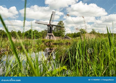 Dutch Windmill In The Landscape Of The Dutch Polder With Marsh P Stock