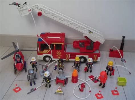 PLAYMOBIL CITY ACTION lot pompier camion grande échelle 4820 hélico