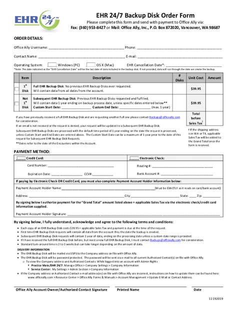 Fillable Online EHR 24 7 Backup Disk Order Form Office Ally Home