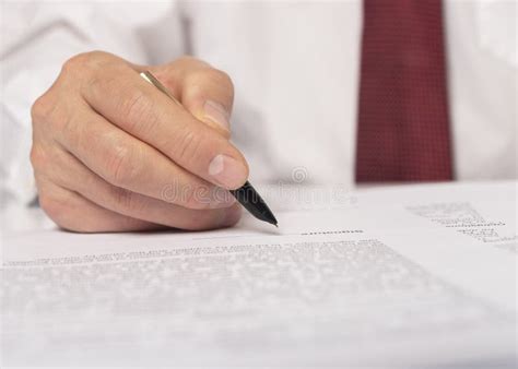 Contract Signing Concept Businessman Hand With Pen Over Document Closeup Stock Image Image Of