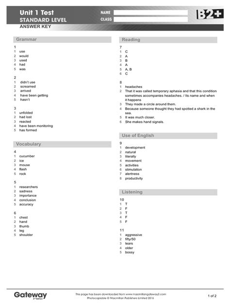 B2 Unit 1 Test Answer Key Standard