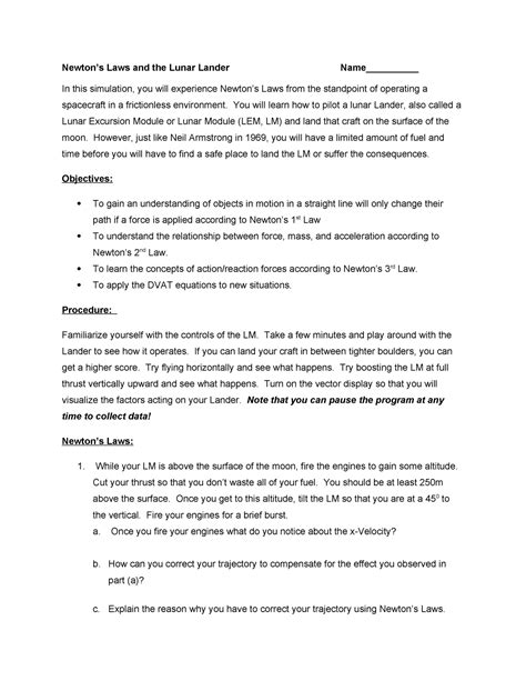 Newton S Laws And The Lunar Lander Sim Newtons Laws And The Lunar